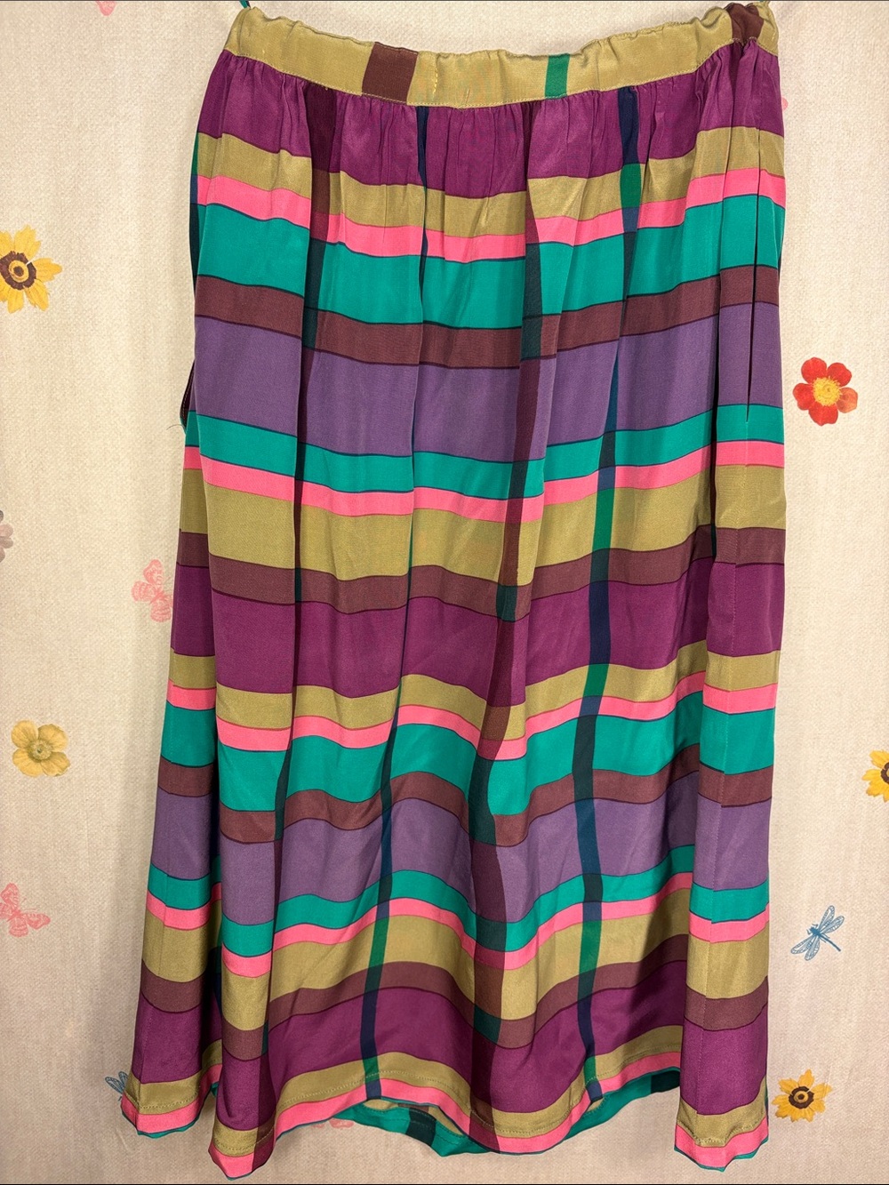 Vintage Argenti - 100% Silk Turquoise Purple Pink SandPlaid Midi Skirt w/Pockets - Picture 4 of 8